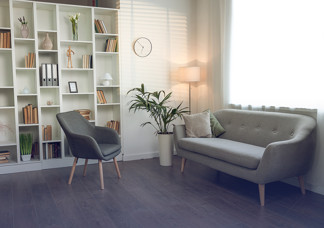 Psychologists office with cozy chairs sofa and shelves with book
